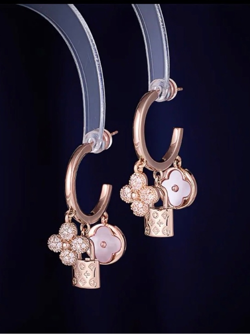 Rose Gold Floral L V Charm Hoop Earrings - Women Jewelry